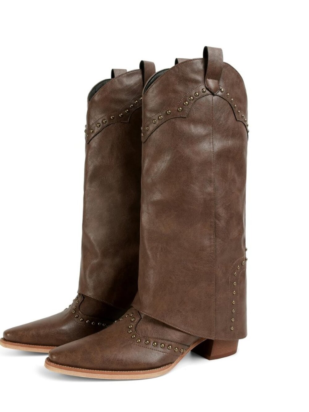 Women's Shark Boots Studded Fold Over Mid Calf Chunky Heel Boots Cowboy Cowgirl